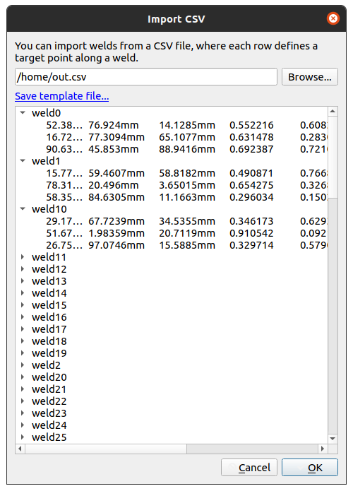 The weld import dialog