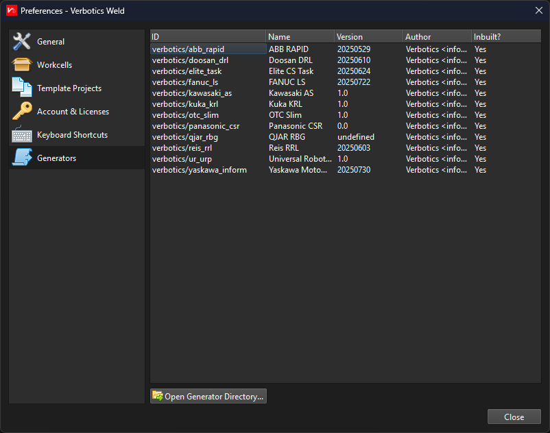 Generators Preferences Page
