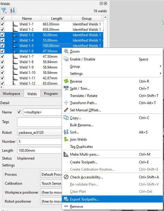 The weld import dialog