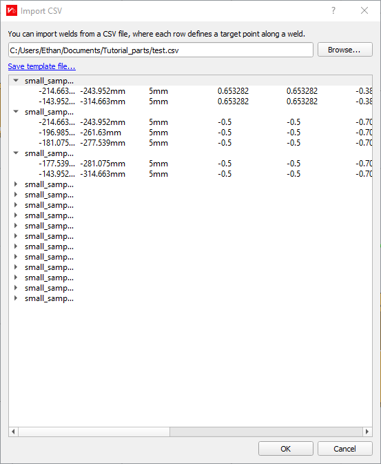 The weld import dialog