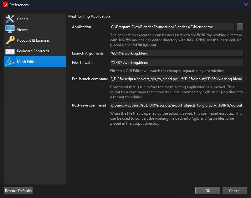 mesh editor preferences